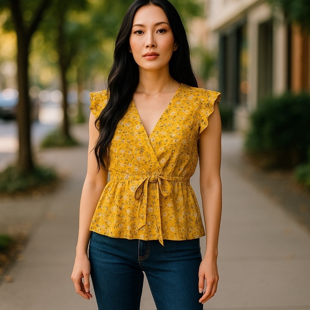 She + Sky floral print front tie peplum top l